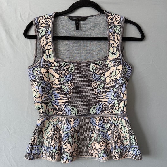 BCBGMaxAzria Tops - BCBGMaxAzria Womens Floral Alonya Knit Peplum Top XS Bare Pink Stretch ASO